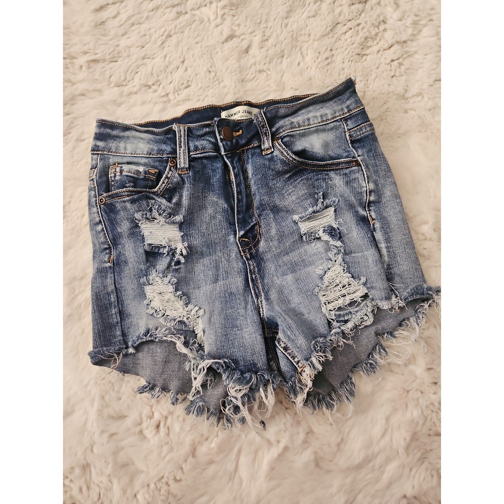Hammer Jeans High Waisted Denim Shorts Womens Size M Blue Destroyed Frayed Hem